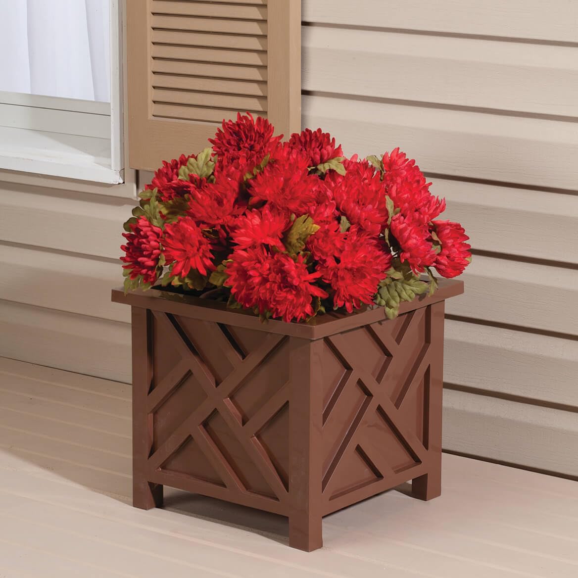 Brown Chippendale-Style Planter Boxes - Set of 2 | Elegant Outdoor Planters | Durable Polypropylene | Lattice Pattern | Tool-Free Assembly | 14.75" and 11.5" Sq. | Holds 22 lbs Each