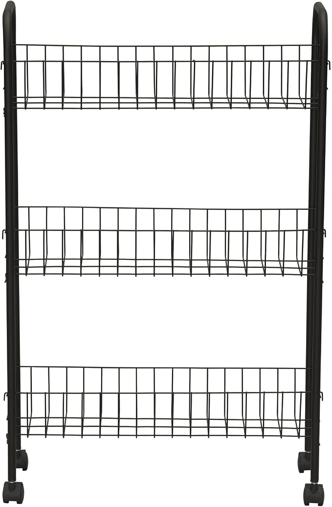 Household Essentials Matte Black Slim, 3 Shelf Storage Cart with Wheels