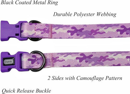 Dog Collar Leash Set, Camouflage Pattern, Polyester Material, Adjustable Collar and 5ft Matching Leash, for Medium Dogs.(M, Purple Camo)
