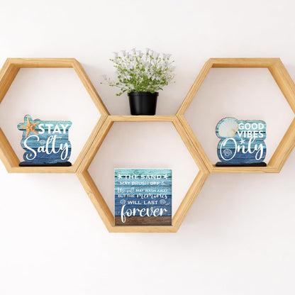 3 Pcs Summer Beach Decorations Wooden Sign - Stay Salty Centerpieces for Tiered Tray Table Desk Bedroom Boys Room Party Shelf Decoration