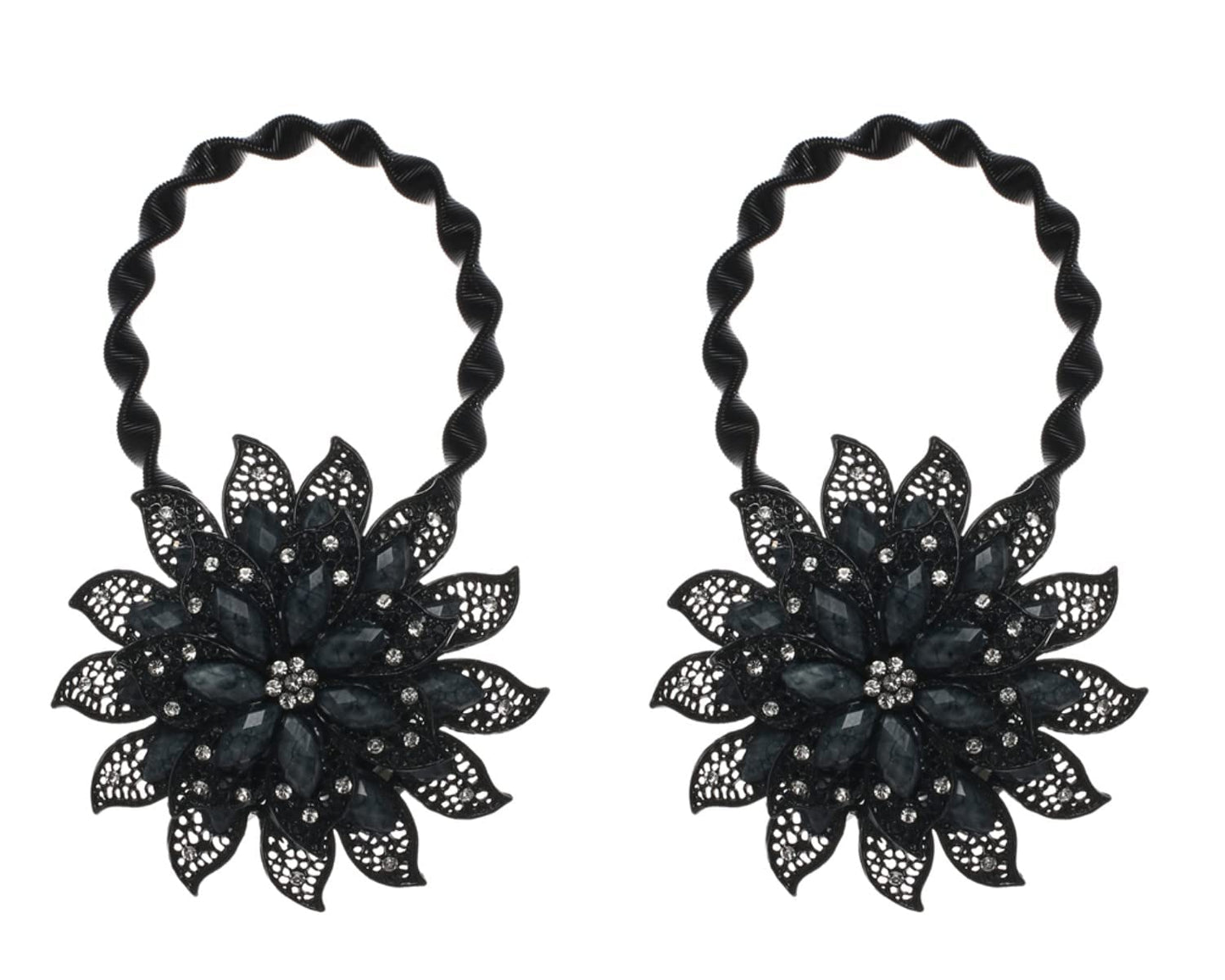 SUQ I OME Classic Luxury Big Crystal Curtain Magnetic Tieback Flower Curtain Clips Buckle with Stretchy Wire Rope for Home Office Decoration(Black,2PCS)