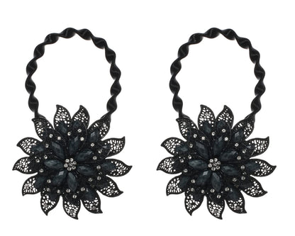 SUQ I OME Classic Luxury Big Crystal Curtain Magnetic Tieback Flower Curtain Clips Buckle with Stretchy Wire Rope for Home Office Decoration(Black,2PCS)