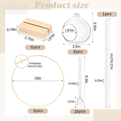 Leinuosen 6 Pack 12'' Metal Floral Hoop Centerpieces Set with Wooden Stand, Hanging Candle Holder, Acrylic Crystal Pendant Garland Crystal Garland String, for DIY Wedding Party Tabletop Decoration