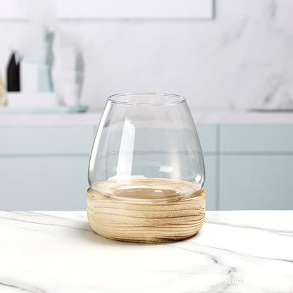 Glass Fish Bowl with Wooden Base, Transparent Small Aquarium Desktop Tank Vase Plant Terrarium Vase Home Decor, Multipurpose Aquarium Bowl for Betta Fish Goldf-ish
