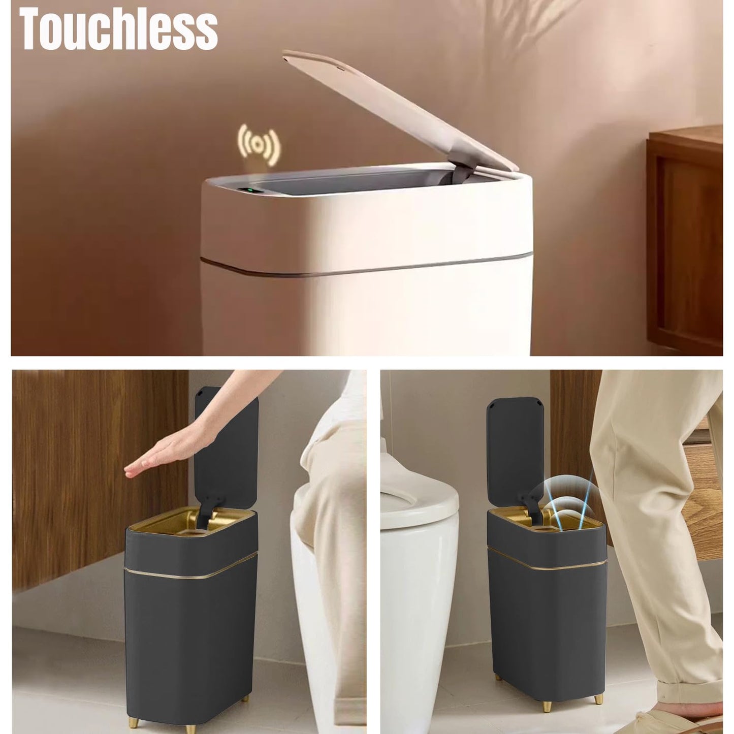 LALASTAR 2-Pack Bathroom Trash Can with Lid, Slim Motion Sensor Trash Can, Small Automatic Garbage Can Touchless, Waterproof Trash Bin for Bedroom, Office, Living Room, 2.3 Gal, Black with Gold Trim