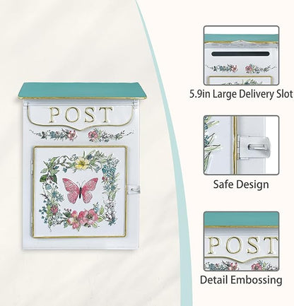 Mailbox Wall Mount Mailboxes for Outside Vintage Mail Boxes for House Outside Metal Drop Box Antique Style Nostalgic Charm Home Decorative, Butterfly Pattern, White