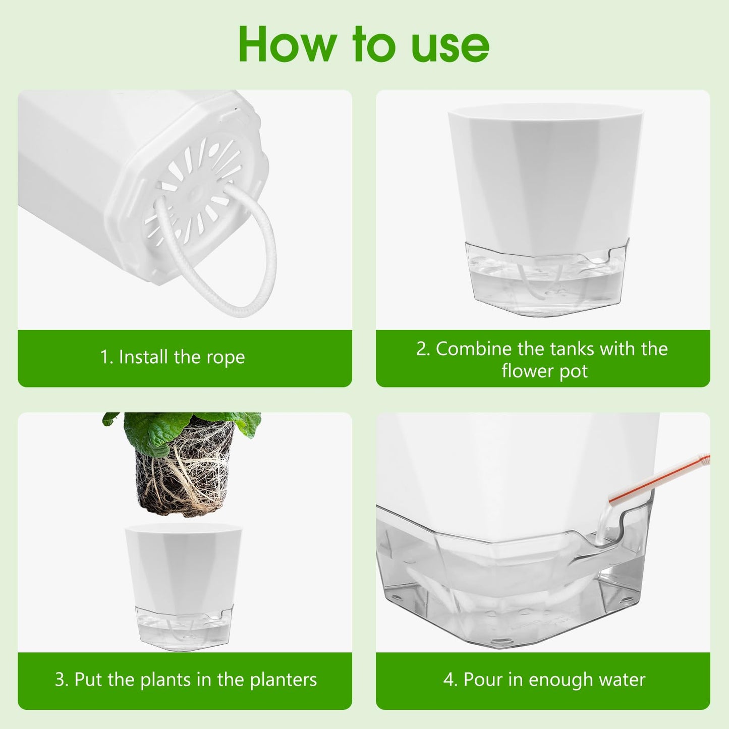 TekkPerry 6 Pack Self Watering Plant Pot, 6.6/5 Inch Plastic Self Watering Pots for Indoor Outdoor Plants African Violet Pots Easy Plant Self Watering Pot with Wick Rope for Plants Flowers
