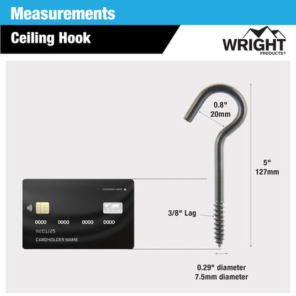 Wright Products Ceiling Hook, 10-Pack, 5 inch x .38 inch, Heavy-Duty, Weather Resistant for Indoor or Outdoor Use, for Hanging Plants, Lights, and Decorations - Matte Black