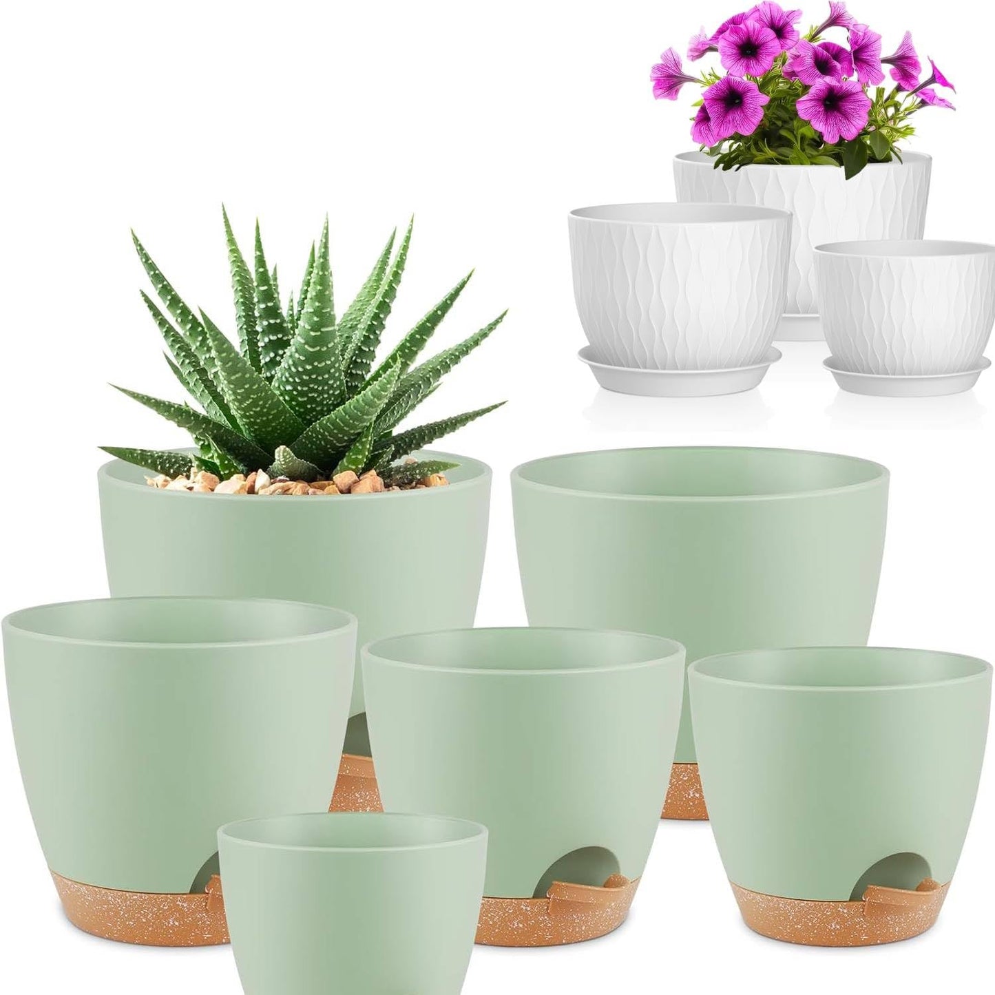 QRRICA Plant Pots 8/7/6.5/6/5.5/5 Inch Self Watering Pots and 12/10/9 Inch Pots