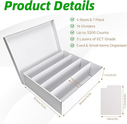 Calenzana 3200-Count Trading Cardboard Card Storage Boxes 1 Pack, 4 Row White Card Box with 16 Dividers, MTG, TCG Card Organizer
