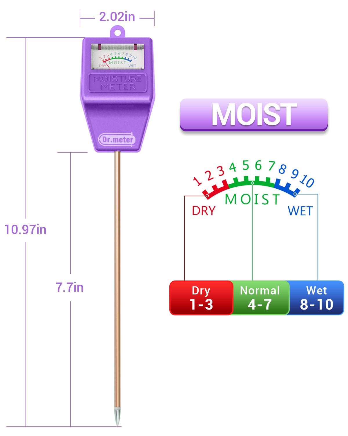 Dr.meter Soil Moisture Meter Tester for Plants, Hygrometer Moisture Sensor for Houseplants Indoor Outdoor Garden Lawn Use - Plant Water Meter Gauge Test Kit, No Battery Needed - Gardening Gifts