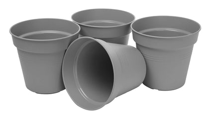 Mintra Garden Pots, 4 Pack Bulk Plastic Plant Pots with Drainage Tray, Round Indoor & Outdoor Decorative Planters with Drain Holes for Flowers, Herbs & Plants, 19cm Diameter – Grey, 7.5 in