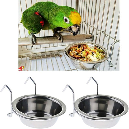 2 Pcs Stainless Steel Bird Parrot Feeding Cups Cage Hanging Bowl, Bird Coop Cups Seed Water Food Dish Feeder Bowl