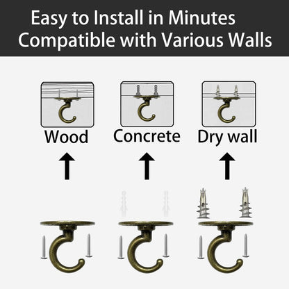Evsteluo Heavy Duty Ceiling & Wall Hook for Hanging Plants – Holds Up to 50 lbs – – Includes All Mounting Hardware for Drywall, Wood, Cement (2, Antique Brass)