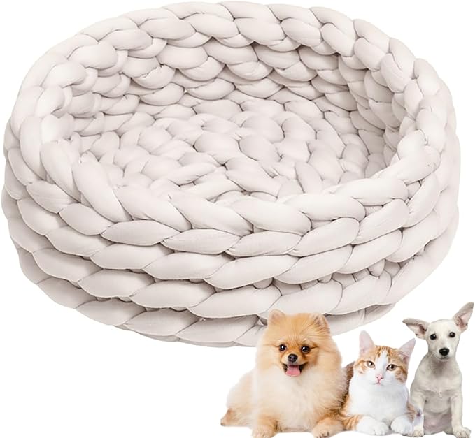 Woven Dog Bed Basket, Knitted Cotton Cat Bed Round Washable Woven Cat Pet Bed Chunky Dog Basket, Orthopedic, Chunky Knit Dog Nest,Dog Bed,Dog Cave,Dog Bedding(Beige,19")