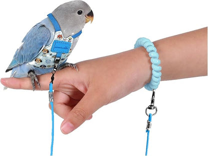 Bird Harness Leash Set Adjustable Vest Anti-Lost Wrist Strap for Parakeet Cockatiel Conure Lovebird (Blue, Cockatiel 6 * 10.5cm/5g)