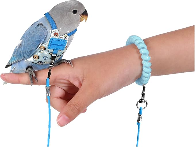 Bird Harness Leash Set Adjustable Vest Anti-Lost Wrist Strap for Parakeet Cockatiel Conure Lovebird (Blue, Budgie 4 * 8cm / 4g)