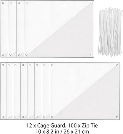 12 Pcs Clear Plastic Cage Guard Panels, 10 x 8.2 in Pet Habitat Siding, Splatter Anti-Splash Fence Dividers with 100 Zip Ties for Rabbit Cages, Guinea Pig Enclosures, Small Animal Protection