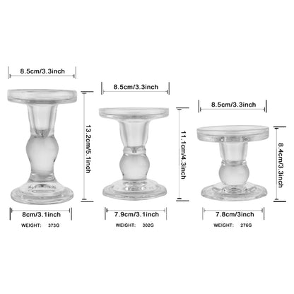 BTGLLAS 3-Piece Set of Glass Candlestick, Crystal Candlestick Holder Holder and Conical Candle, Christmas Candle Holder Decoration, Family Living Room Wedding Candle Holder (Clear)