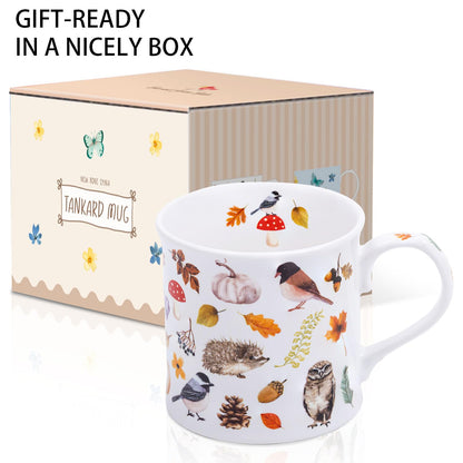 Autumn Animals Coffee Mug, 12 oz New Bone China Mug with Bird, Hedgehog, Owl & Pumpkin Design, Halloween & Fall Seasonal Ceramic Tea Mug, Nature Lover Gift, Designed in England by Harvest Green Studio