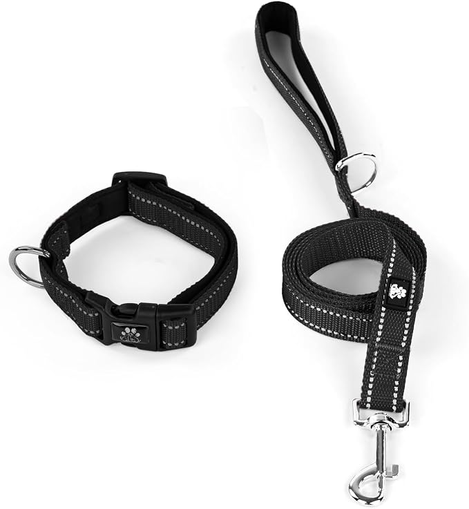 IVY&LANE Reflective Dog Collar and Leash Set,Adjustable Neoprene Padded Dog Collars for Puppy, Breathable Nylon Pet Collar for Small Medium Large Dogs (Medium,Black)