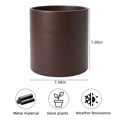 Rioneta Coffee Metal Plant Pot with Drainage Hole,7 Inch Mid Century Modern Small Pot Indoor Outdoor Planters for Succulents, Flowers & Home Decor Gift Window Living Room Bedroom
