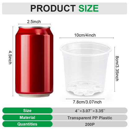 RooTrimmer 200 Pack 4 Inch Clear Plant pots with Drainage Holes, Transparent Nursery Seeding Pots, Flexile Seeds Starter Pots, Seeds Germination (4Inch,200P,Clear)