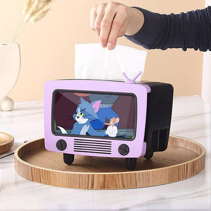 Tissue Box Holder with Cell Phone Slot, Retro TV Shaped Tissue Case and Cellphone Holder Cellphone Stand, Versatile Tissue Dispenser Cover for Living Room, Kitchen, Bedroom, Bathroom (Ube Purple)