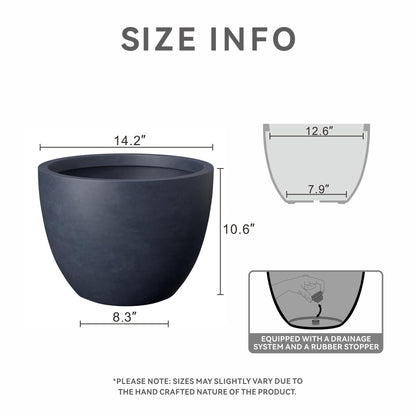 Kante 14.2 Inch Round Concrete Planter - Classic Large Indoor/Outdoor Plant Pot with Drainage Hole and Rubber Plug, Suitable for Gardens and Patios, Charcoal
