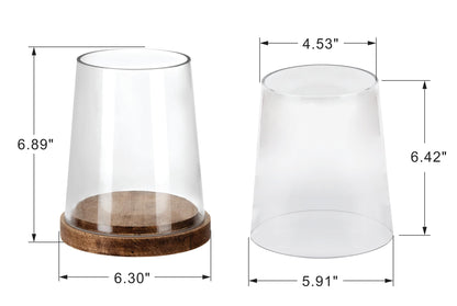 6" Wide Glass Hurricane Candle Holders with Handmade Sturdy Glass Sleeves and Vintage Natural Wood Base for Pillar Candle & Plants, Industrial, Farmhouse, Display Cloche Bell Jars, Table Centerpiece