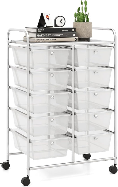 LDAILY 10 Drawer Rolling Cart, Storage Cart Organizer on Wheels, Drawer Cart with Metal Frame & Large Storage Capacity, Rolling Cart with Drawers for Living Room Classroom, Office