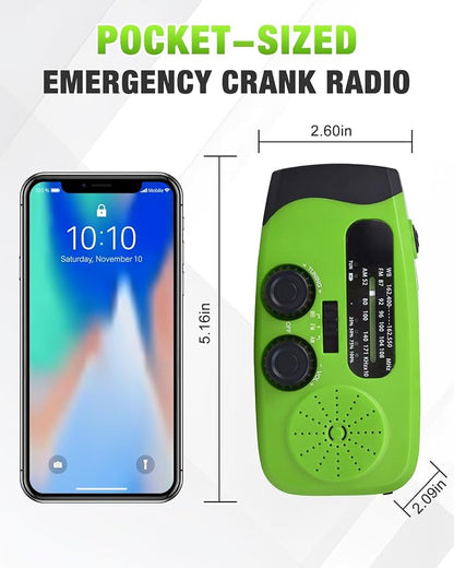 Hand Crank Radio with AM/FM/NOAA Weather Bands,for Emergencies, Camping | 3 LED Flashlights,SOS Function,Solar Powered,Hand Cranked, 2000mAh/7400mWh Charger,for Power Outage - Green