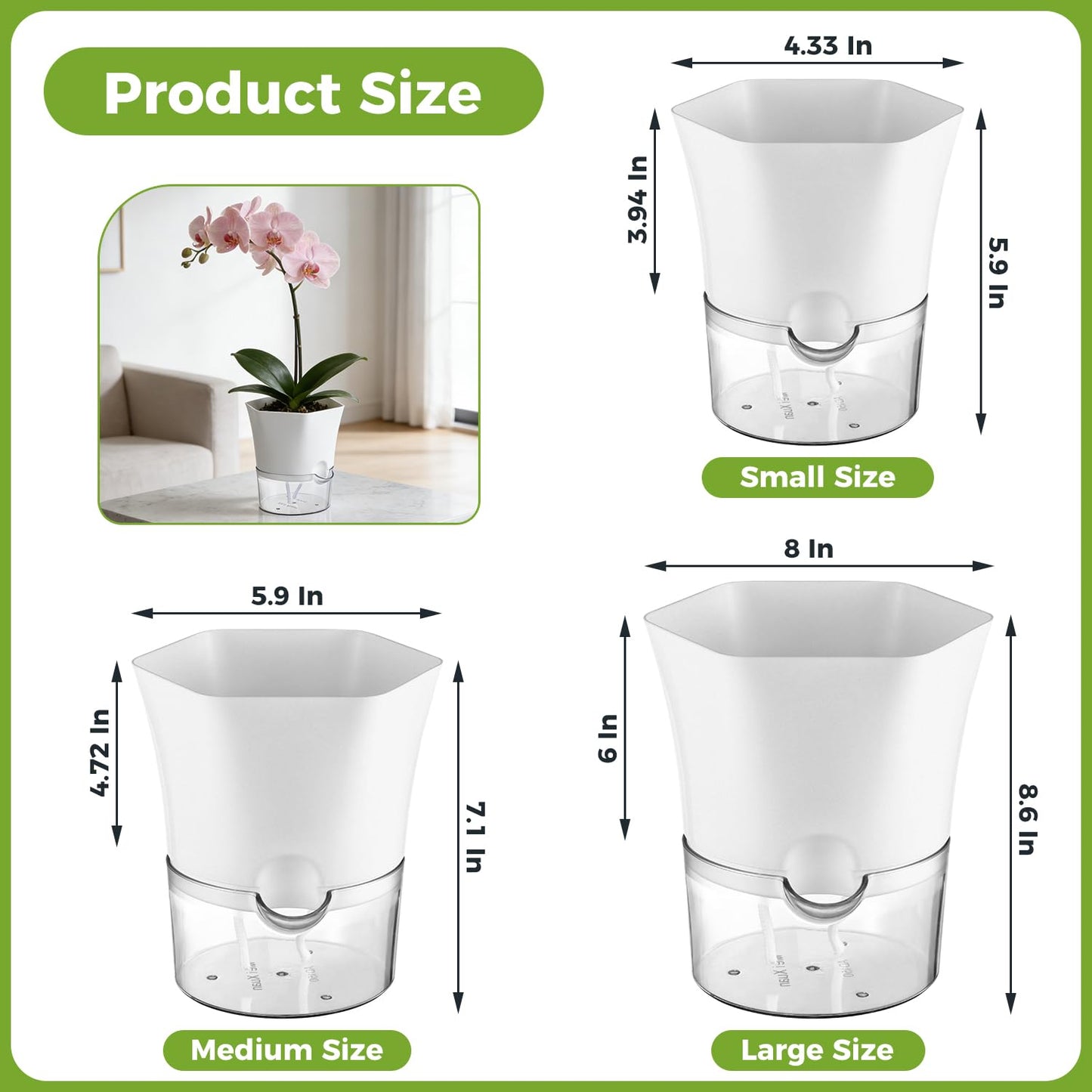 Planterhoma 6-Pack 4.3" Self-Watering Planters, Clear and White, Indoor Use, Hexagonal Plant Pots for Orchids, Herbs, African Violet, Home Decor