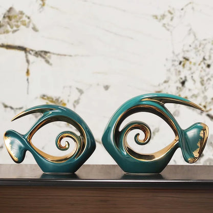 Tuioyoc Ceramic Statues Angelfish Home Decor Modern Style Figurine Green and Gold Decorative Ornaments for Living Room, Table Centerpiece, Kitchen, Office Desktop, Shelf, Entryway Decoration
