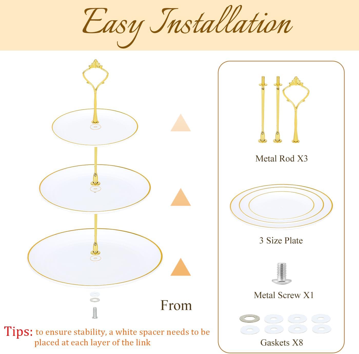 DI QIU REN 8PCS Cake Stand Set, Plastic Cupcake Stands with Gold Rim, Dessert Display Stands Set for Wedding Birthday Party Tea Party