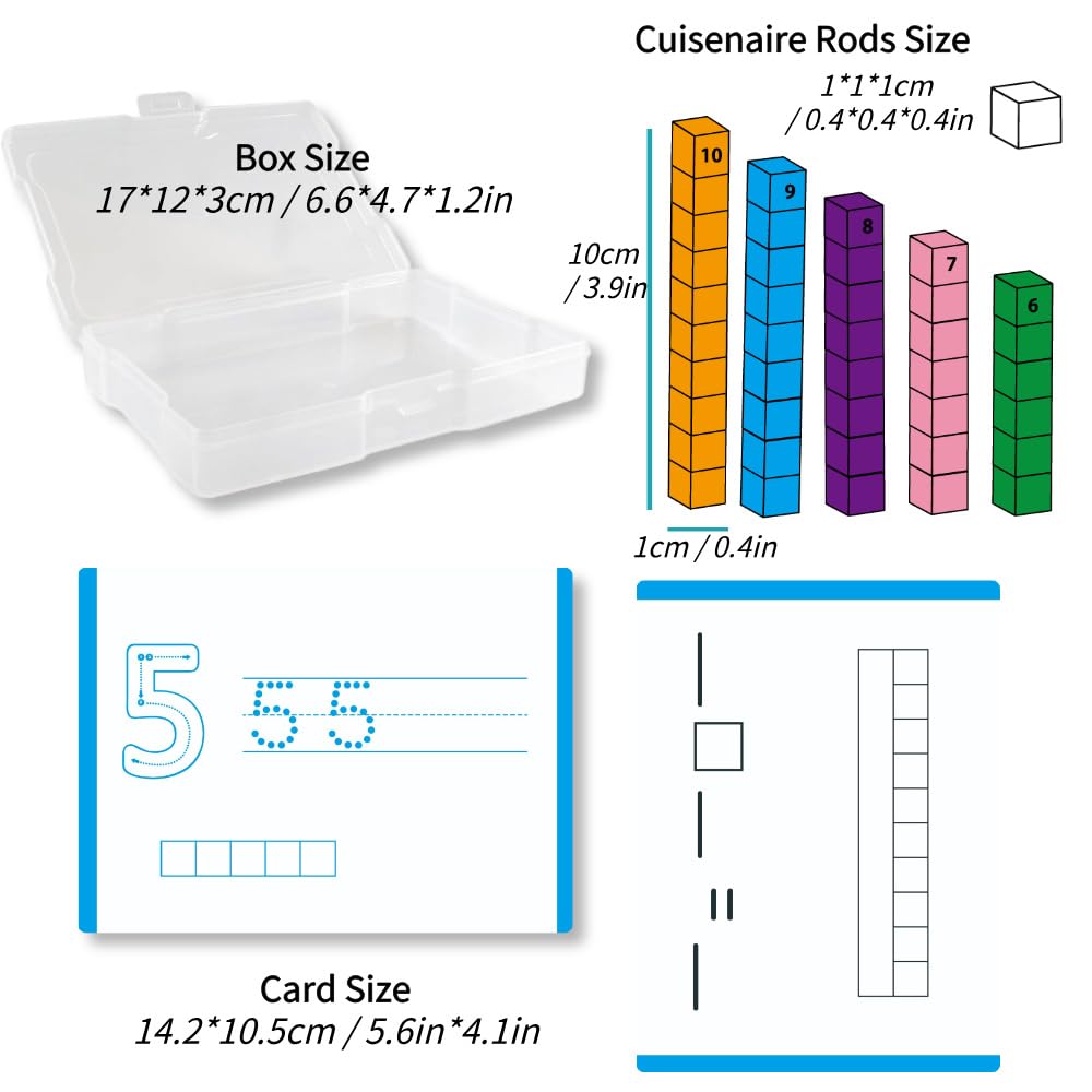Math Task Boxes Set of 5 Math Manipulatives Themes 230+ Pieces of Number Rods, Base Ten Blocks, Ten Frame Disc Counters, Place Value Blocks, 0-9 Numbers, 3D Shapes, Activity Cards (Number Rods)