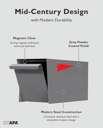 Ilyapa Modern Mailbox for Post Mount - Gray with Gray Door Powder Coated Steel, Waterproof Letter Box for Parcels, with Recessed Magnetic Close Door