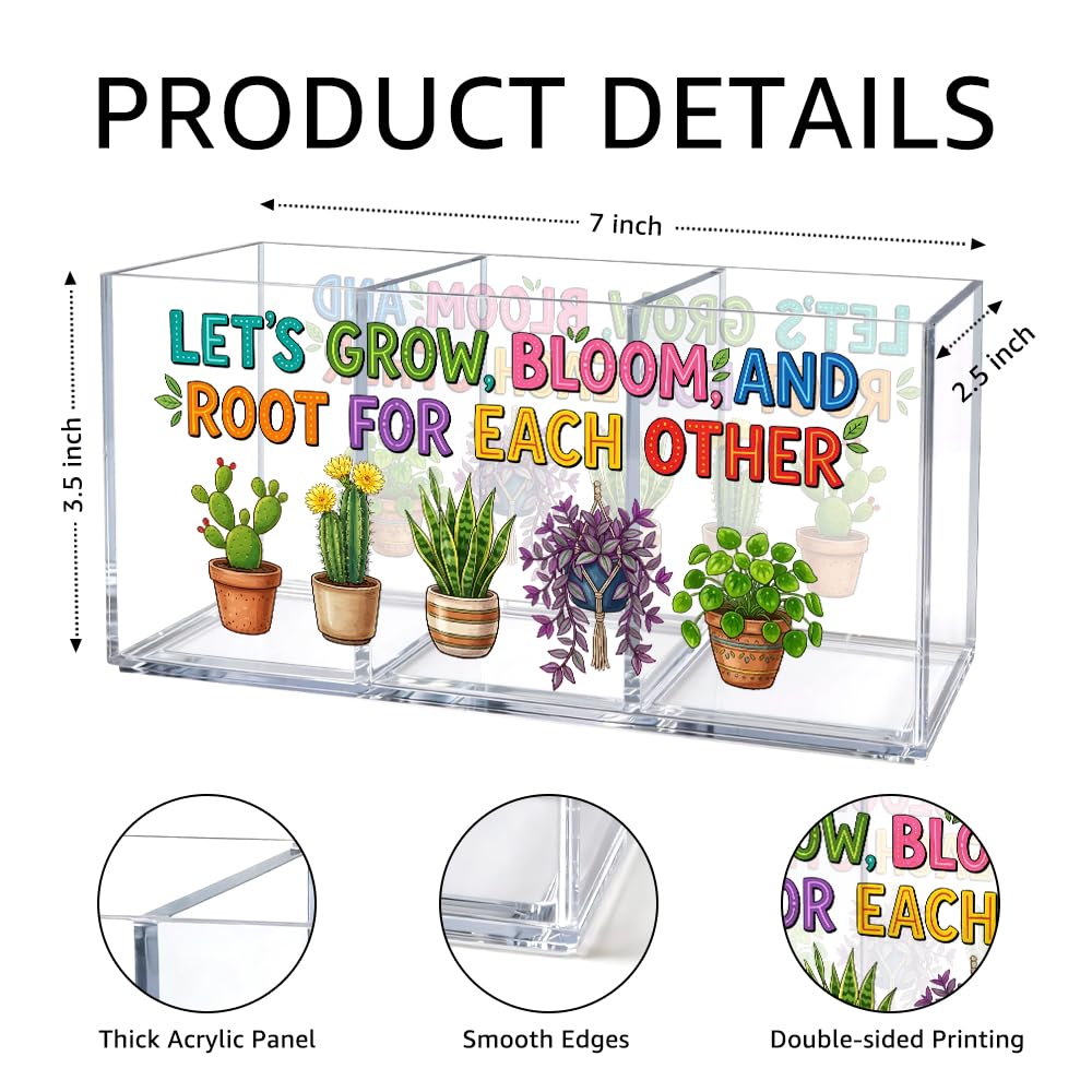UAKXOIF Acrylic Pen Holder Organizer with 3 Compartments, “Let’s Grow, Bloom and Root for Each Other” Plant Design, Desk Organizer for Pen, Makeup, Office Supplie, Inspirational Gifts for Women Friend