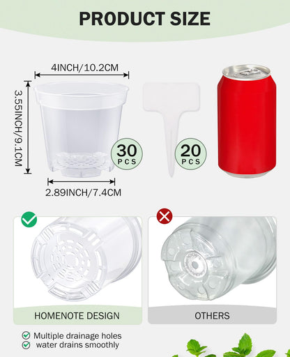 homenote Clear Nursery Pots for Plants,4 Inch Plant Pot for Planting Plastic Seedling with Drainage Holes Seed Starter Flower High Transparency with 20 Labels (30 Pack)