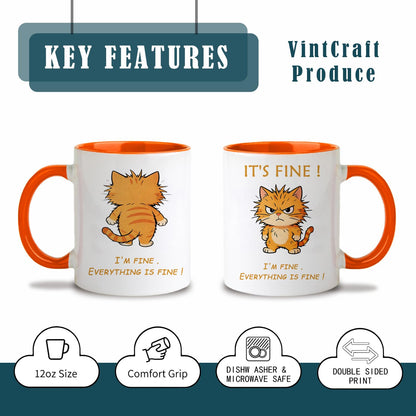 VintCraft Sarcastic Pet Lover Mug - 12oz Ceramic Double-Sided Design, Orange Interior, I'm Fine Everything Is Fine Phrase, Microwave & Dishwasher Safe, Comfort Grip