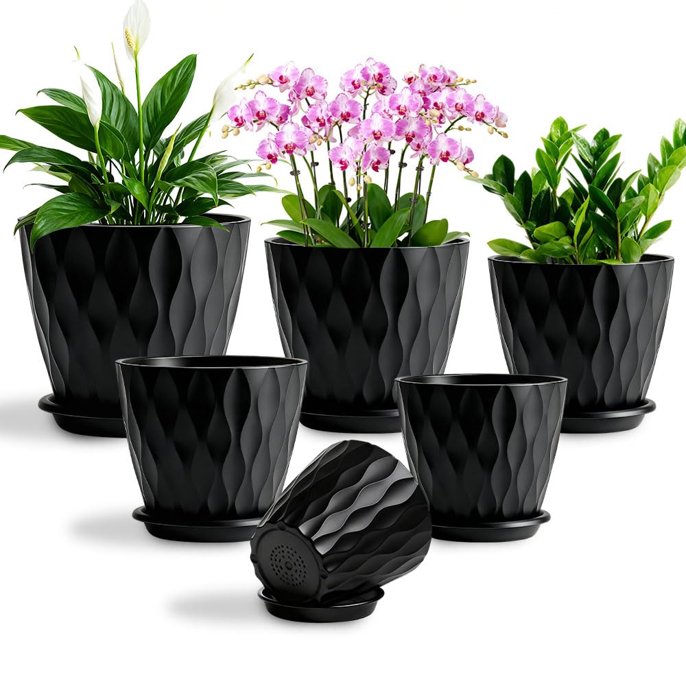 KEETUMOOD Plant Pots, Self Watering Planters with Drainage Holes and Trays, Flower Pots for Indoor Outdoor - 6 Pack(4/5/6/6.5/7/8 Inch) (Black)