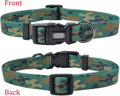 Dog Collar Leash Set, Camouflage Pattern, Polyester Material, Adjustable Collar and 5ft Matching Leash, for Large Dogs.(L, Green Camo)