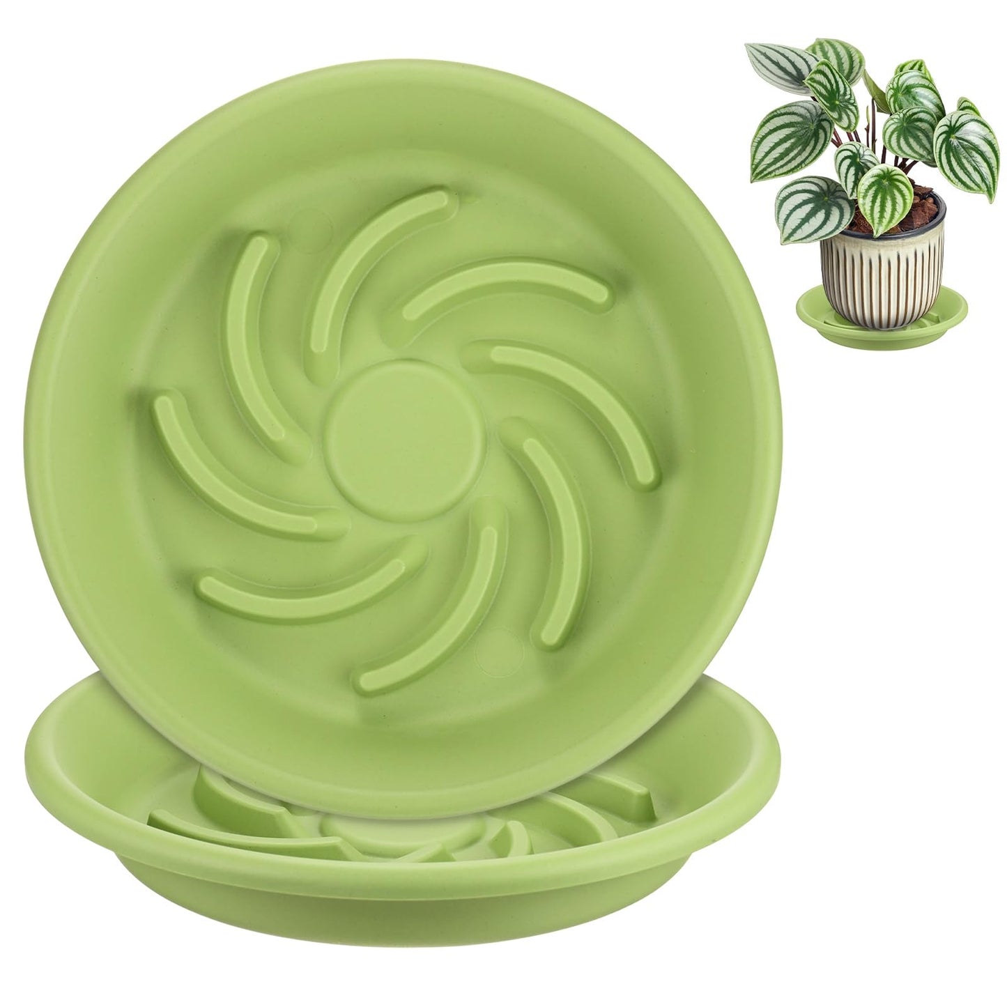 M METERXITY 2-Pack Plant Saucers, 7.3 Inch ID Anti-Rot Root Resin Flower Pot Plant Saucers for Indoor/Outdoor, Flowerpot Drip Tray [9.4 Inch OD, Fruit Green]