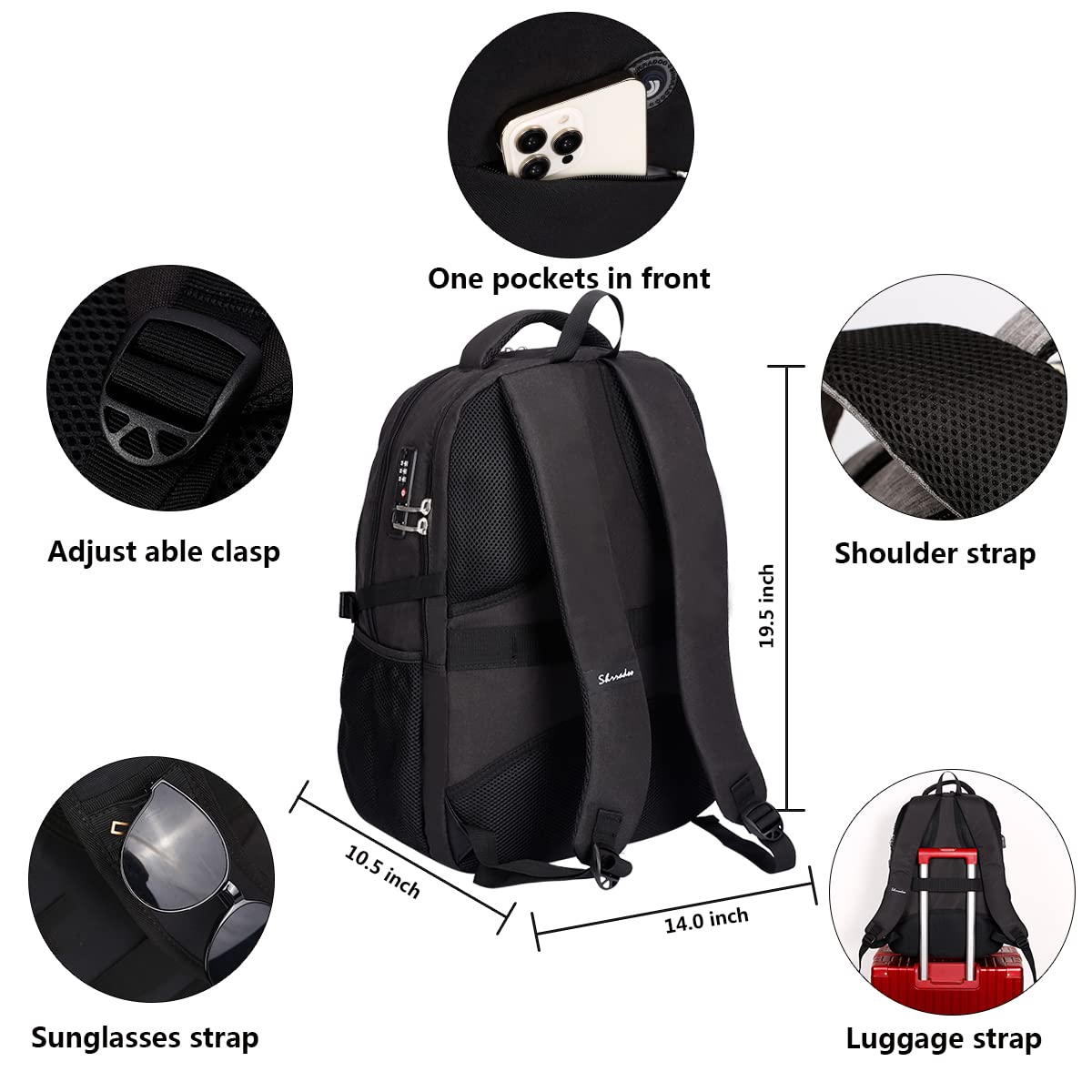 SHRRADOO Anti Theft Laptop Backpack Travel Backpacks with Combination Lock for Women Men College Backpack Computer Bag Fits 17 Inch Laptop,Black
