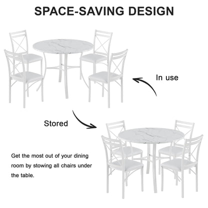 VECELO 5 Piece Dining Table Set for 4 with Chairs, Faux Marble Tabletop, Small Space, Kitchen, Breakfast Nook, White