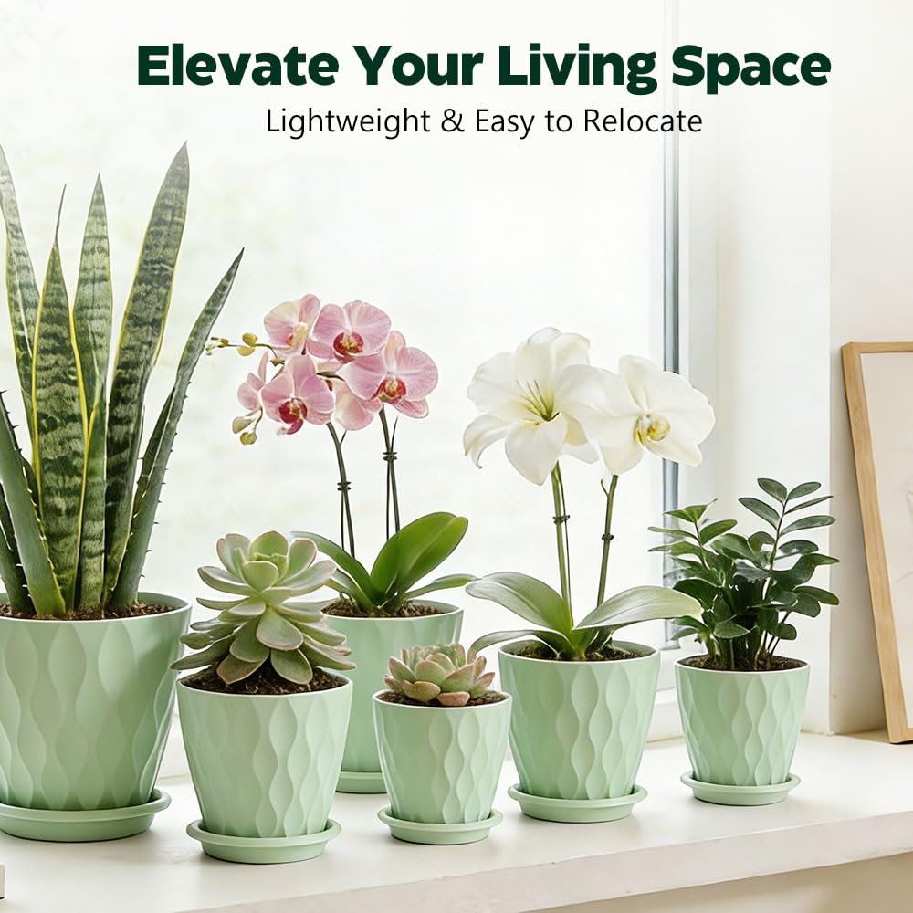 KEETUMOOD Plant Pots, Self Watering Planters with Drainage Holes and Trays, Flower Pots for Indoor Outdoor - 6 Pack(4/5/6/6.5/7/8 Inch) (Light Green)