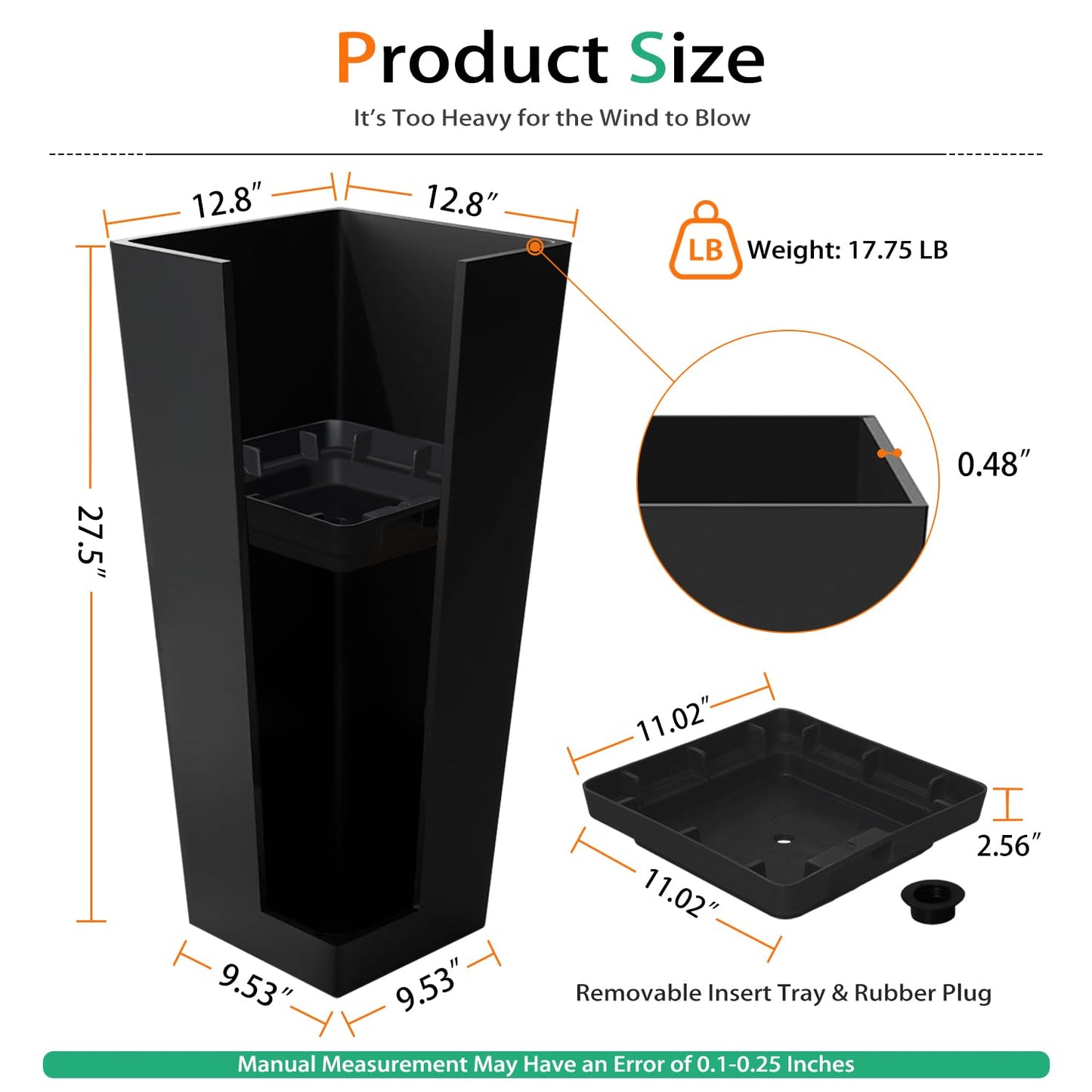Heyzier Tall Planters for Outdoor Plants, Large Resin Flower Pots for Garden, Front Porch, Patio, Indoor - Set of 2 (Black, 28 inch - 2 Pack)