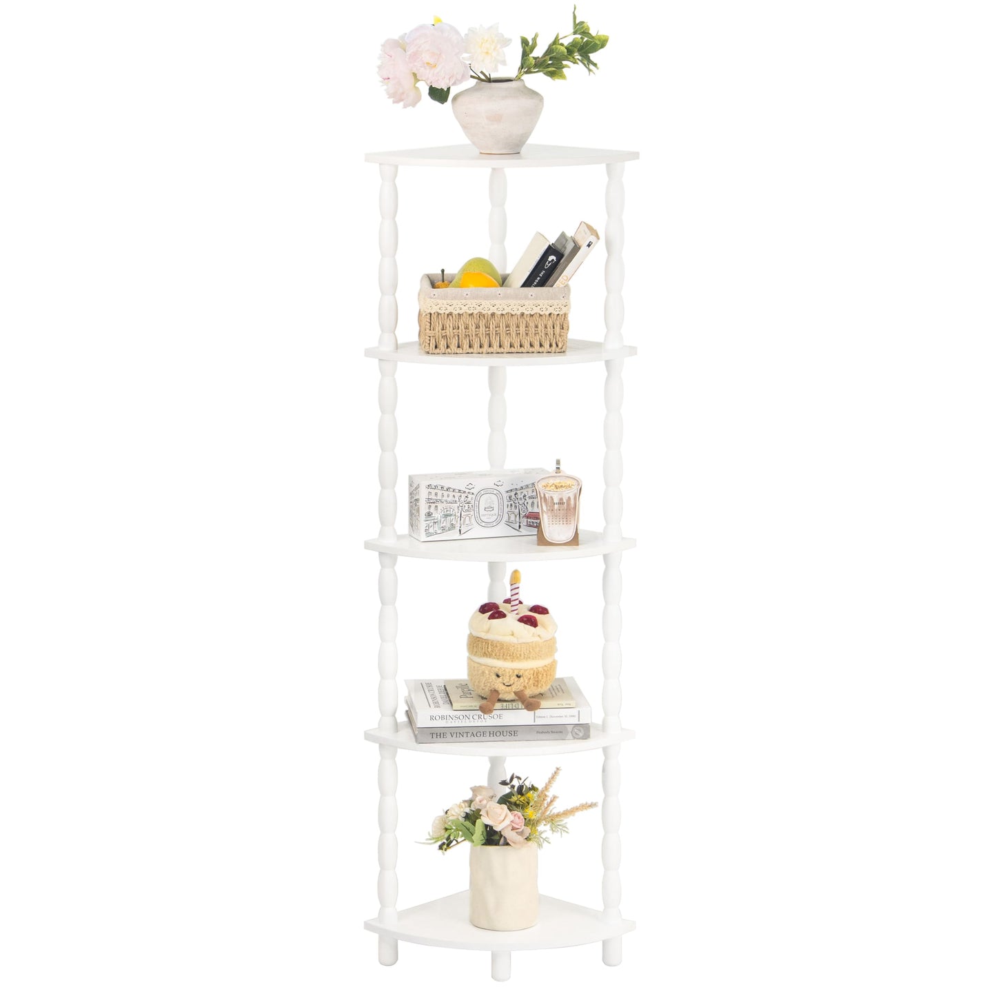 MaxSmeo Corner Bookshelf, 5-Tier Corner Shelf Stand, Modern Corner Plant Shelves with Storage, for Bedroom, Bathroom, Kitchen, Living Room (White)