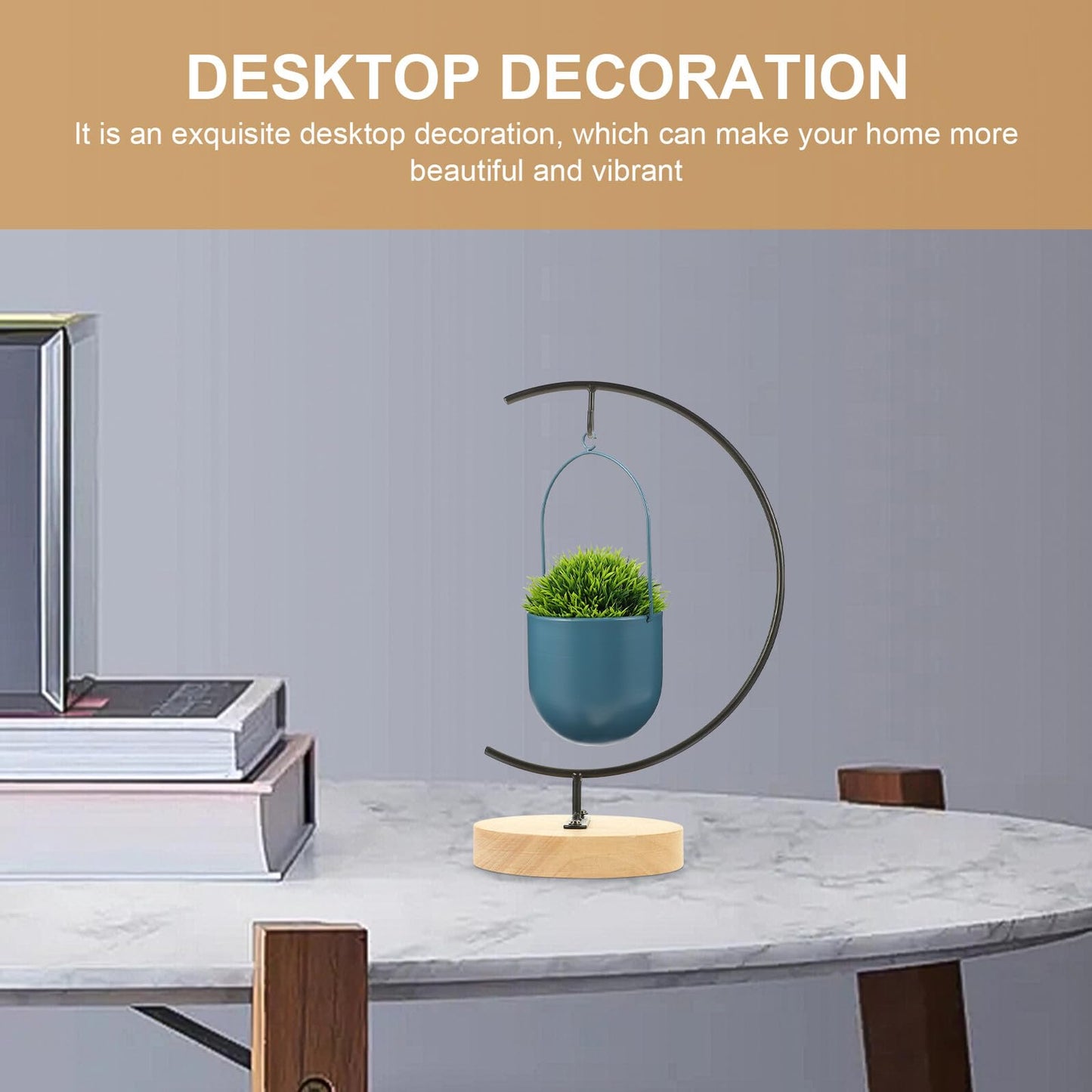 OSALADI Glass Flowerpot Desktop Stand with Wooden Base, Moon-shaped Iron Terrarium Hanging Bracket for Indoor Plant Display and Ornament Holder