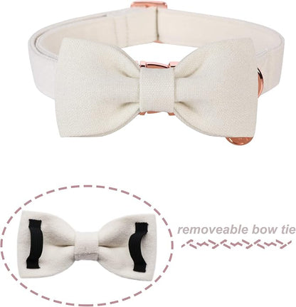 DOGWONG Cotton Dog Collar with Bow, White Pet Collar Wedding Dog Collar Durable Adjustable Dog Collars for Small Medium Large Dogs